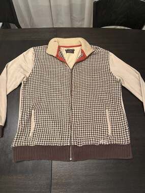 Reverb Vintage Houndstooth Zip-Up Track Sweater Jacket Brown Tan